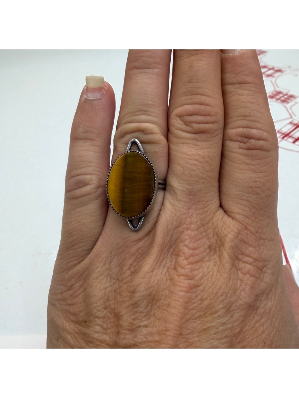 Tigers eye modernist style Beau Jewels sterling silver adjustable ring